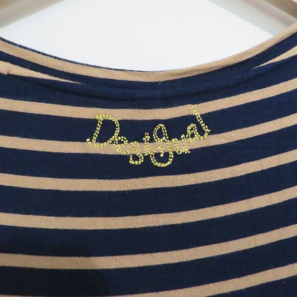 Desigual Womens Sz XXL Navy Tan Striped Floral Mesh Sleeve Top Mixed Fabrics - Picture 5 of 8